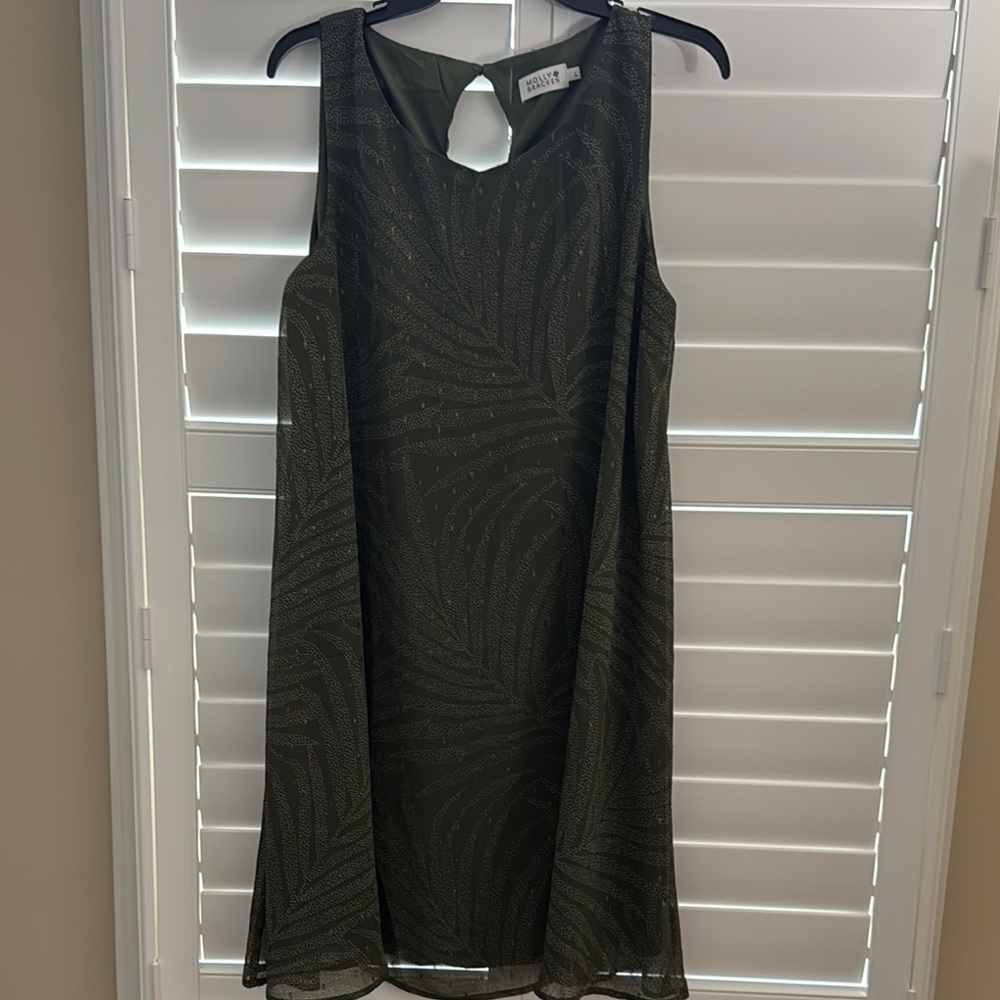Molly Bracken Green and Metallic Gold A-line Flowy Dress Sz L